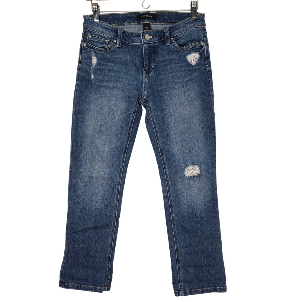 White House Black Market Straight Leg Crop Distressed Denim Jeans 0 Blue Sequins